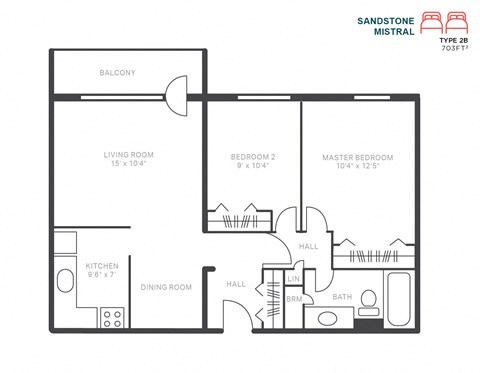 Floor plan for 2 beds, 1 bath, 703 sqft
